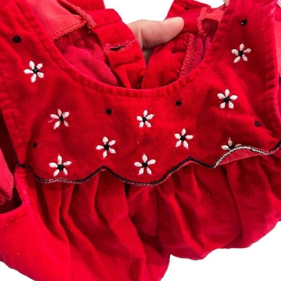 Tiny Tots Soft Velvet Embroidered Floral Sleeveless Romper Overalls Red Size 6-9 - Picture 3 of 11